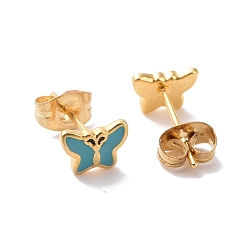 Dark Turquoise Enamel Butterfly Stud Earrings with 316L Surgical Stainless Steel Pins, Gold Plated 304 Stainless Steel Jewelry for Women, Dark Turquoise, 7.5x5.5mm, Pin: 0.7mm