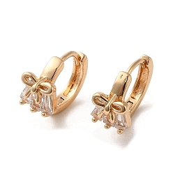 Light Gold Brass Micro Pave Cubic Zirconia Hoop Earrings, Bowknot, Light Gold, 13x8mm