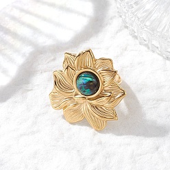 Золотой 304 открытые кольца манжеты из нержавеющей стали, цветок, с кабошонами оболочки paua, золотые, внутренний диаметр: 17.8 мм