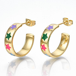 Colorful Brass Enamel Stud Earrings, Half Hoop Earrings, with Ear Nuts, Nickel Free, Ring with Star, Real 16K Gold Plated, Colorful, 20x6mm, Pin: 0.8mm