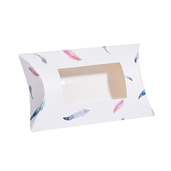 White Paper Pillow Boxes, Gift Candy Packing Box, with Clear Window, Feather Pattern, White, 17.5x10.05x3.85cm