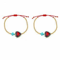 Color mezclado 2pcs 2 Pulseras trenzadas de cuentas de cristal y cruz de turquesa sintética teñida en varios colores para mujer, Pulseras apilables ajustables con cuentas redondas de latón, dorado, color mezclado, 11.02 pulgada (28 cm), 1 pc / color