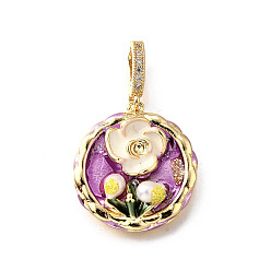 Средняя Орхидея Латунные подвески с микропаве из кубического циркония и эмали, плоский круглый с цветными чарами, с блестящей пудрой и натуральным пресноводным жемчугом, без никеля , реальный 18 k позолоченный, средне орхидеи, 23.5x21.5x8.5 мм, отверстие : 6.5x4.5 мм