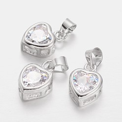 Платина Сердце из латуни амулеты кубического циркония, платина, 12x9x4 мм, отверстие : 4x4 мм
