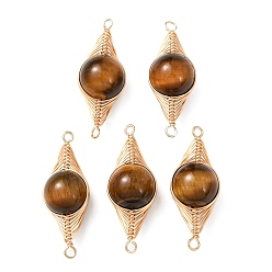 Тигровый глаз Круглые соединительные звенья из натурального тигрового глаза с медной проволочной обмоткой в виде елочки., золотые, долговечный, 27~28x10x11 мм, отверстие : 1.4~1.6 мм
