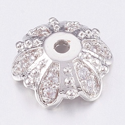 Platinum Brass Micro Pave Cubic Zirconia Bead Caps, 6-Petal, Clear, Platinum, 11x4mm, Hole: 1.2mm
