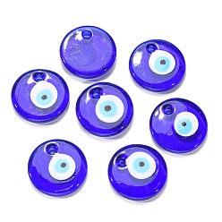 Blue Handmade Lampwork Evil Eye Pendants, Flat Round, Blue, 30x5mm, Hole: 3mm