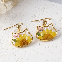 Желтый Серьги-подвески из сплава и сушеных цветов, с помощью клея для погружения, форма кошки, золотые, желтые, 35x21 мм