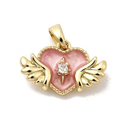 Светло-Коралловый Латунные микро проложить кубического циркония подвески, сердце с крыльями, с эмалью, долговечный, стойки покрытие, без свинца и без кадмия, реальный 18 k позолоченный, свет коралловый, 11.5x18.5x4.5 мм, отверстие : 4.5x2.5 мм