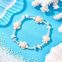 (404) Непрозрачное AB Кислое яблоко Браслеты из синтетической бирюзы и магнезита, морская черепаха, со стеклянными бисеринами, цветочный белый, внутренний диаметр: 2-3/8 дюйм (6 см)