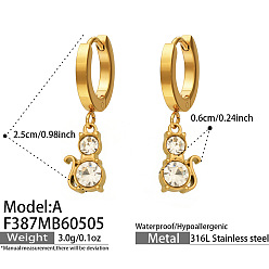 Doré  Boucles d'oreilles pendantes créoles en acier inoxydable et zircon cubique transparent, forme de chat, or, 304mm