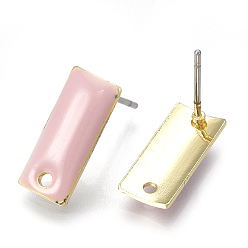 Pink Alloy Stud Earring Findings, with Loop, Enamel and Steel Pins, Rectangle, Light Gold, Pink, 14x6mm, Hole: 1.2mm, Pin: 0.7mm