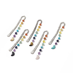 Mixed Stone Random Stone Moon Pendant Bookmarks, Tibetan Style Flower Pattern Alloy Hook Book Marker with Chakra Gemstone Bead Chain, 140mm