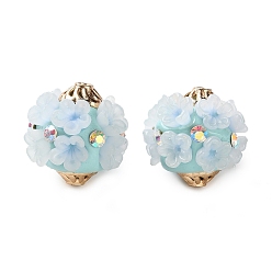 Светло-голубой Ручная полимерная глиняная индонезия бисер, круглая с цветком, с сердечником из сплава и смолой и стразами из смолы, золотой свет, светло-голубой, 19~20x17.5~19 мм, отверстие : 1.8 мм