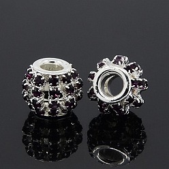 Аметист Латунные горный хрусталь Европейский бисером, бусины с большим отверстием, рондель, серебряный цвет гальваническим, аметист, 12x10 мм, отверстие : 4 мм