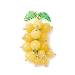 Желтый Нефрит Подвески из натурального окрашенного желтого нефрита и стеклянных бусин в виде винограда, с акриловым листом и 304 кольцами из нержавеющей стали, золотой свет, 46x20x20 мм, отверстие : 4.5 мм