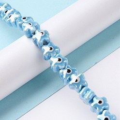 Sky Blue Handmade Porcelain Ceramic Beads Strands, Famille Rose Style, Star with Evil Eye, Sky Blue, 10.5x11x8mm, Hole: 3mm, about 32pcs/strand, 11.89~12.13 inch(30.2~30.8cm)