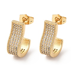 Прозрачный Серьги-гвоздики J-образной формы с микропаве из кубических цирконий из латуни, реальный 16 k позолоченный, прозрачные, 20x7.5 мм