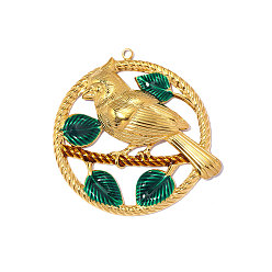 Зеленый 304 нержавеющей стальной эмали подвески, кольцо с подвеской в виде птицы и листа, реальный 18 k позолоченный, ионное покрытие (ip), долговечный, зелёные, 43x41 мм, отверстие: 1.80 мм