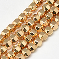 Light Gold Plated Electroplate Non-magnetic Synthetic Hematite Beads Strands, Polygon, Light Gold Plated, 6x5x5mm, Hole: 2mm, about 78pcs/strand, 15.7 inch