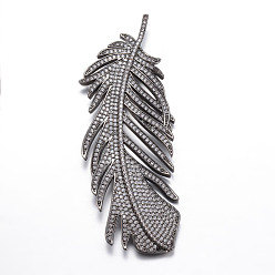 Gunmetal Brass Micro Pave Cubic Zirconia Big Pendants, Feather, Gunmetal, 80x31x5mm, Hole: 3mm