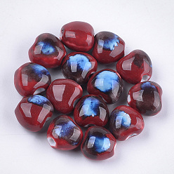 Dark Red Handmade Porcelain Beads, Fancy Antique Glazed Porcelain, Heart, Dark Red, 10.5~11.5x11.5~12.5x8.5~9mm, Hole: 1.5~2mm