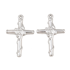 Stainless Steel Color 304 Stainless Steel Pendants, Cross with Rose Charms, Stainless Steel Color, 31x19.5x1.5mm, Hole: 1.3mm
