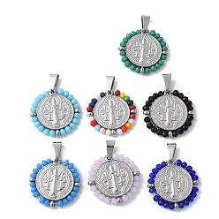 (52) Непрозрачная лаванда 304 подвески из нержавеющей стали, со стеклянными бусинами, плоский круглый с шалфеем, цвет нержавеющей стали, разноцветные, 27.5x28x3.5 мм, отверстие : 8x4 мм