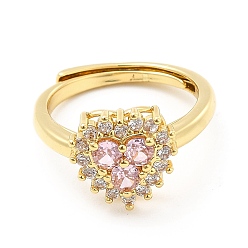 Real 18K Gold Plated Rack Plating Brass Micro Pave Pink & Crystal Cubic Zirconia Heart Adjustable Rings, Cadmium Free & Lead Free, Long-Lasting Plated, Real 18K Gold Plated, US Size 4 3/4, 2mm, Inner Diameter: 15.4mm