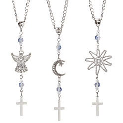 Античный Серебристый & Платиновый 3шт. крестообразные сплавные и стеклянные подвесные украшения, с железной цепью, для автомобильных подвесных украшений, солнце и луна и ангел, старинное серебро и платина, 197~204 мм