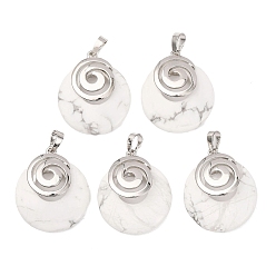 Говлит Природные подвески Говлит, с латунной фурнитурой платинового цвета, плоско-круглые, 32x28x6 мм, отверстие : 4x5 мм