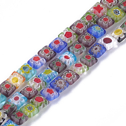 Colorful Millefiori Lampwork Beads Strands, Square, Colorful, 6x6x3~3.5mm, Hole: 1mm, about 65pcs/strand, 14.7 inch