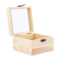 BurlyWood Shape Pine Wooden Box, with Glass Windows and Iron Clock, Rectangle, BurlyWood, 137x120x82mm