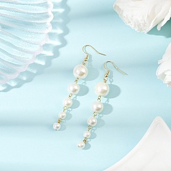 Золотой Стеклянные под жемчуг болтаться серьги, с 304 нержавеющей стали серьги крючки, круглые, золотые, 78x12 мм