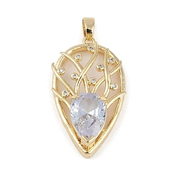 Настоящее золото 18K Латунь стекло кулоны, со стразами, лист, реальный 18 k позолоченный, 29.5x17x7.5 мм, отверстие : 3.5 мм