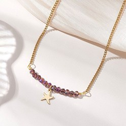 Звезда Подвеска из сплава с гранеными бусинами-рондель из гальванического стекла 304 Женские ожерелья из нержавеющей стали с панцирным плетением, золотые, увядшая роза, звезда, 19.80~19.88 дюйм (50.3~50.5 см), Кулон : 11.5x8.5x1 мм