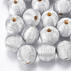 Silver Wood Beads Covered with Polyester Cord Wire, Round, Silver, 12~13x12~12.5mm, Hole: 1.5~2mm