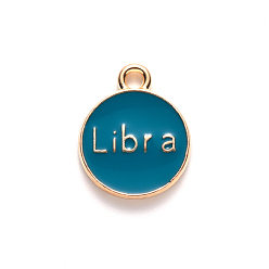 Libra Alloy Enamel Pendants, Cadmium Free & Lead Free, Flat Round with Constellation, Light Gold, Dark Cyan, Libra, 22x18x2mm, Hole: 1.5mm