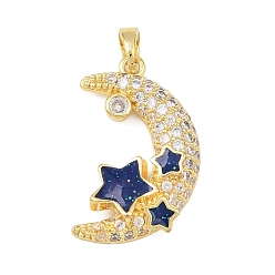 Золотой Латунные микро проложить кубического циркония подвески, Луна и звезды, с эмалью, золотые, 24x16x4.5 мм, отверстие : 3x5 мм