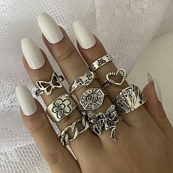 Античное Серебро Набор колец из сплава в ретро-стиле, включают кольца для пальцев/манжеты, античное серебро, внутренний диаметр: 15~19 мм