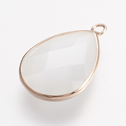 White Brass Cat Eye Pendants, Faceted Teardrop, Light Gold, White, 24x16x5.5mm, Hole: 2mm