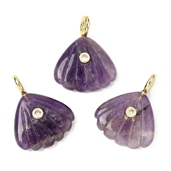 Аметист Резные подвески из натурального аметиста, Подвески в форме ракушки с латунными микрофибровыми вставками., золотые, стойки покрытие, 28~29x22.5x7.5~8 мм, отверстие : 3.5 мм