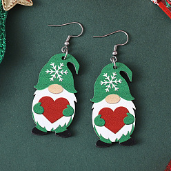 Сердце Рождественский гном из дерева серьги с подвесками, с серьгами из нержавеющей стали, платина, зелёные, сердце, 65x24 мм