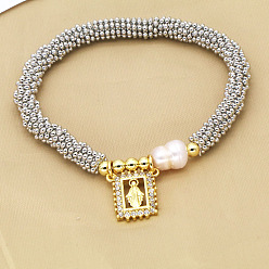 (52) Непрозрачная лаванда 304 из нержавеющей стали круглые бусины растянуть браслеты, браслеты с подвесками для женщин, прямоугольник с королем, с латунью, пресноводным жемчугом и кубическим цирконием, разноцветные, 6-3/4 дюйм (17 см)