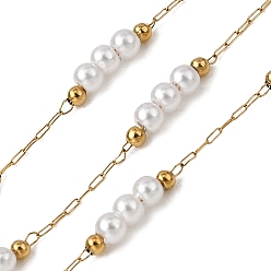 Настоящее золото 18K Ручная работа 304 цепочки из нержавеющей стали и АБС-пластика с круглыми звеньями, украшенные жемчужными бусинами, пайки, с 316 цепями и катушкой из нержавеющей стали, ионное покрытие (ip), реальный 18 k позолоченный, бусины : 2~3 мм
