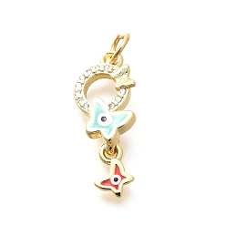 Красный Латунь микропаве фианиты с подвесками из эмали, без кадмия, без никеля и без свинца, реальный 18 k позолоченный, бабочка с подвесками в виде кольца, красные, 21x9x5 мм, отверстие : 3 мм