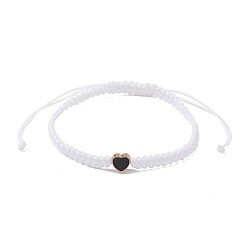 White Nylon Thread Braided Bead Adjustable Bracelets, with Alloy Enamel Heart, for Women, White, Inner Diameter: 2-3/8~4-1/8 inch(6.1~10.6cm)