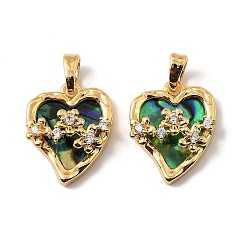 Цветок Латунные микропаве прозрачные подвески с фианитом, сердце прелести, с Пауа оболочке, реальный 18 k позолоченный, цветок, 18x14x5 мм, отверстие : 5x2.5 мм