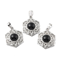 Обсидиан Природные подвески обсидиана, с реечной обшивкой латунными выводами, без кадмия и без свинца, , 29.5x22.5x7.5~8.5 мм, отверстие : 7.5x5 мм