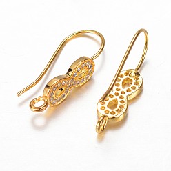 Golden Brass Cubic Zirconia Earring Hooks, with Horizontal Loop, Infinity, Golden, 24x6x1.5mm, Hole: 2mm, 21 Gauge, Pin: 0.7mm